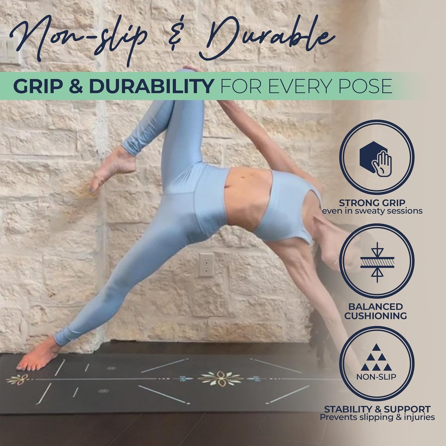 Eco Balance Yoga Mat with Carry Strap – Superior Grip, Non-Slip, Durable & Lightweight, Sustainable Natural Rubber Mat with Alignment Lines